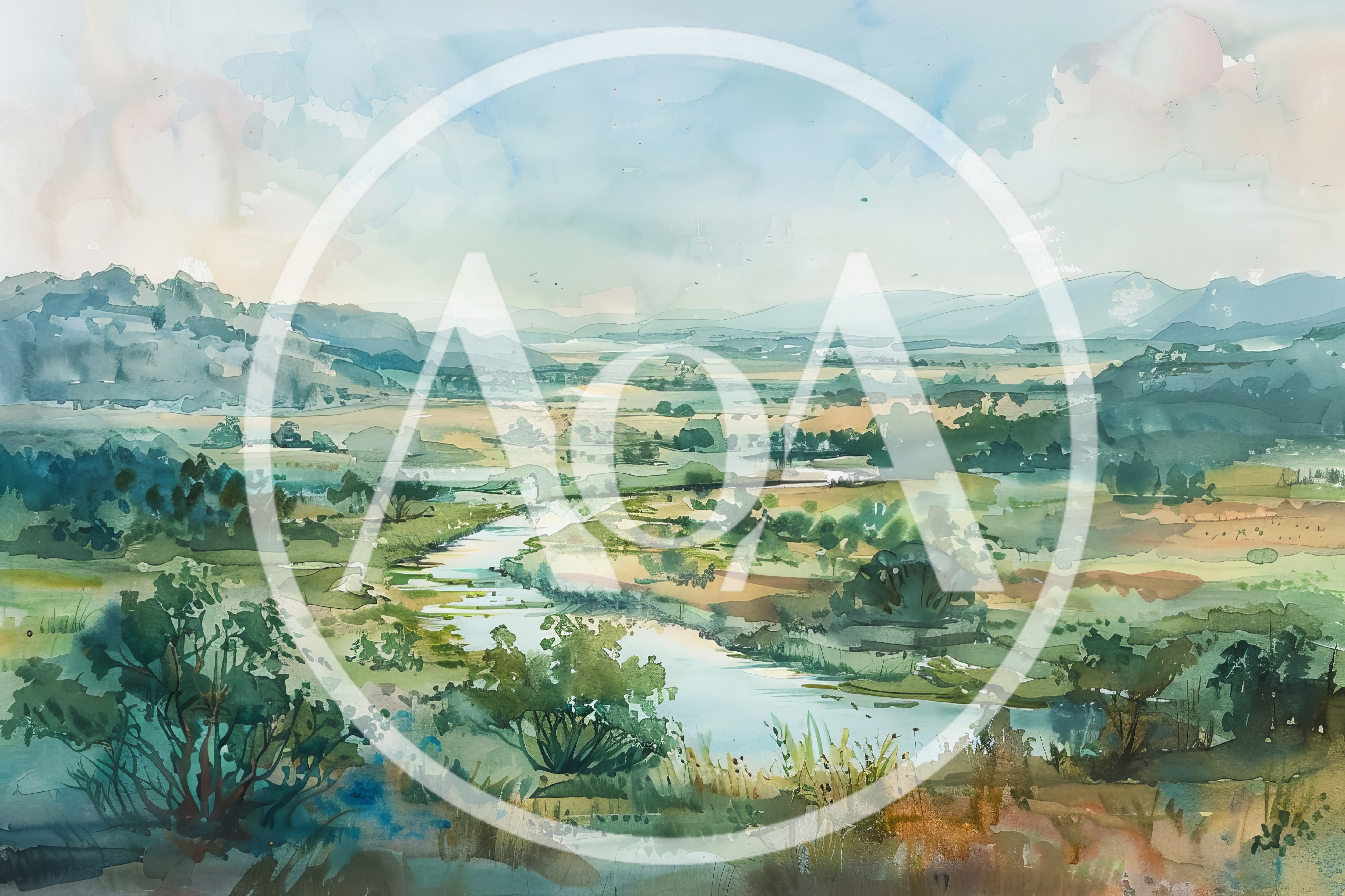 Watercolor Landscape Painting Of A Winding River Valley