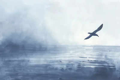 Watercolor Painting Of A Lone Bird Flying Over Ocean