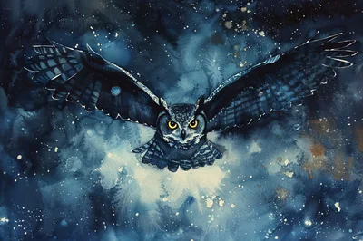 Great Horned Owl Flying Through A Starry Night Sky