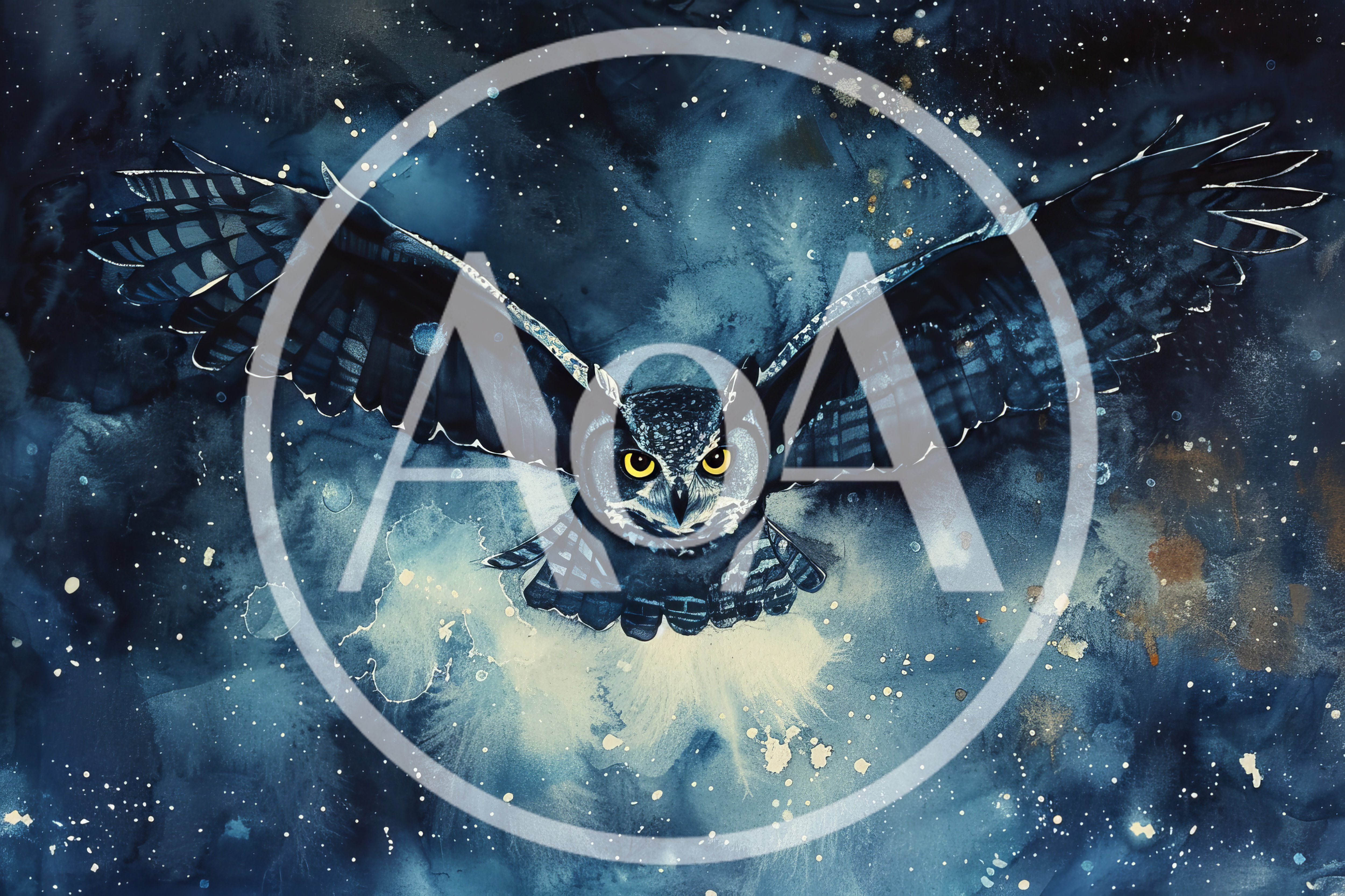 Great Horned Owl Flying Through A Starry Night Sky