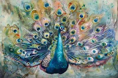 Watercolor Painting Of A Majestic Peacock With Spread Feathers