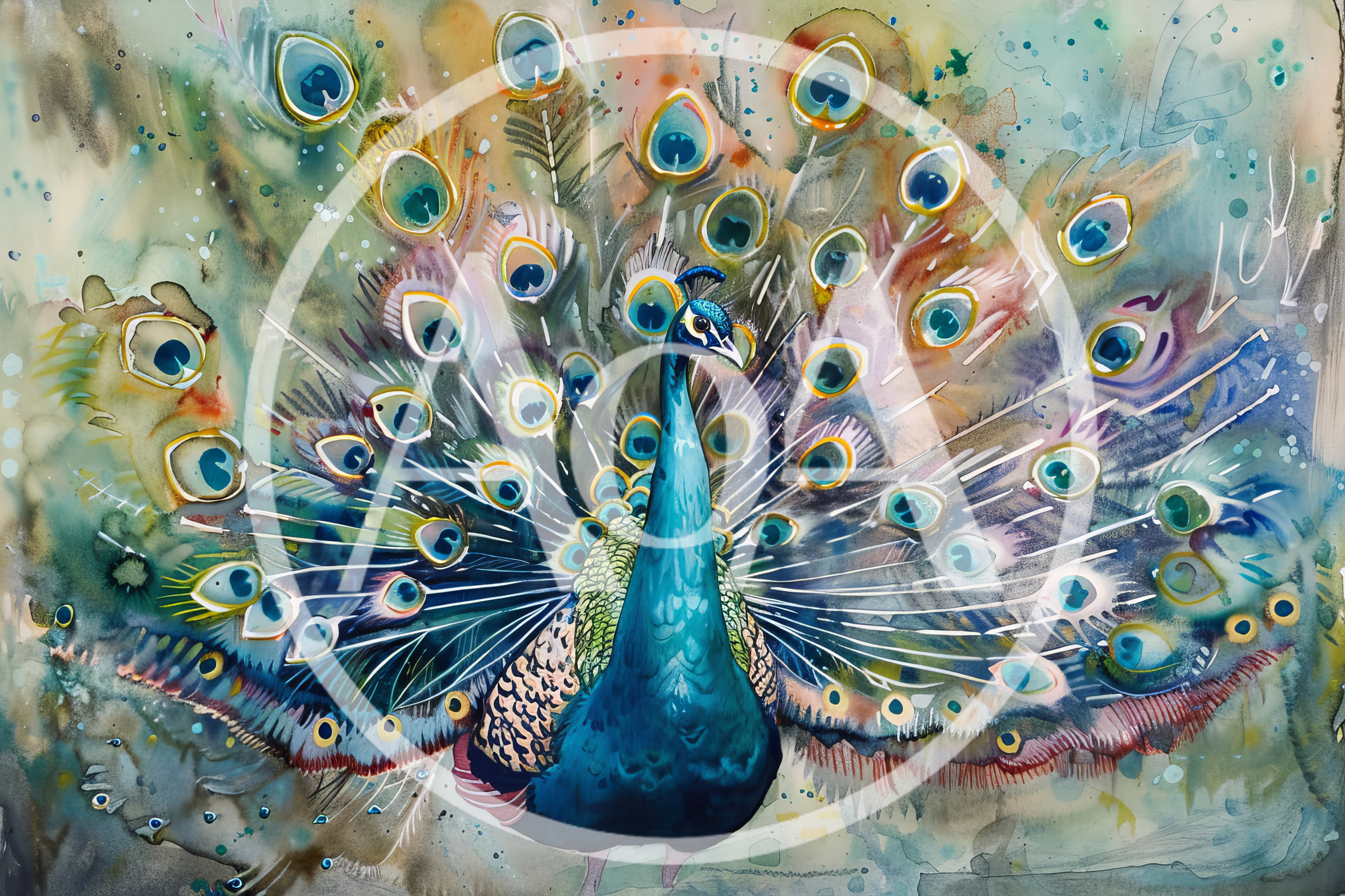 Watercolor Painting Of A Majestic Peacock With Spread Feathers
