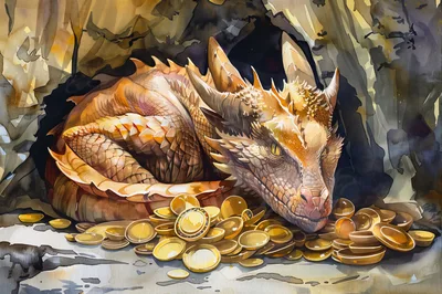 Golden Dragon Resting On A Pile Of Treasure