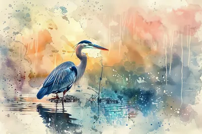 Great Blue Heron Standing In Watercolor Wetland Scene