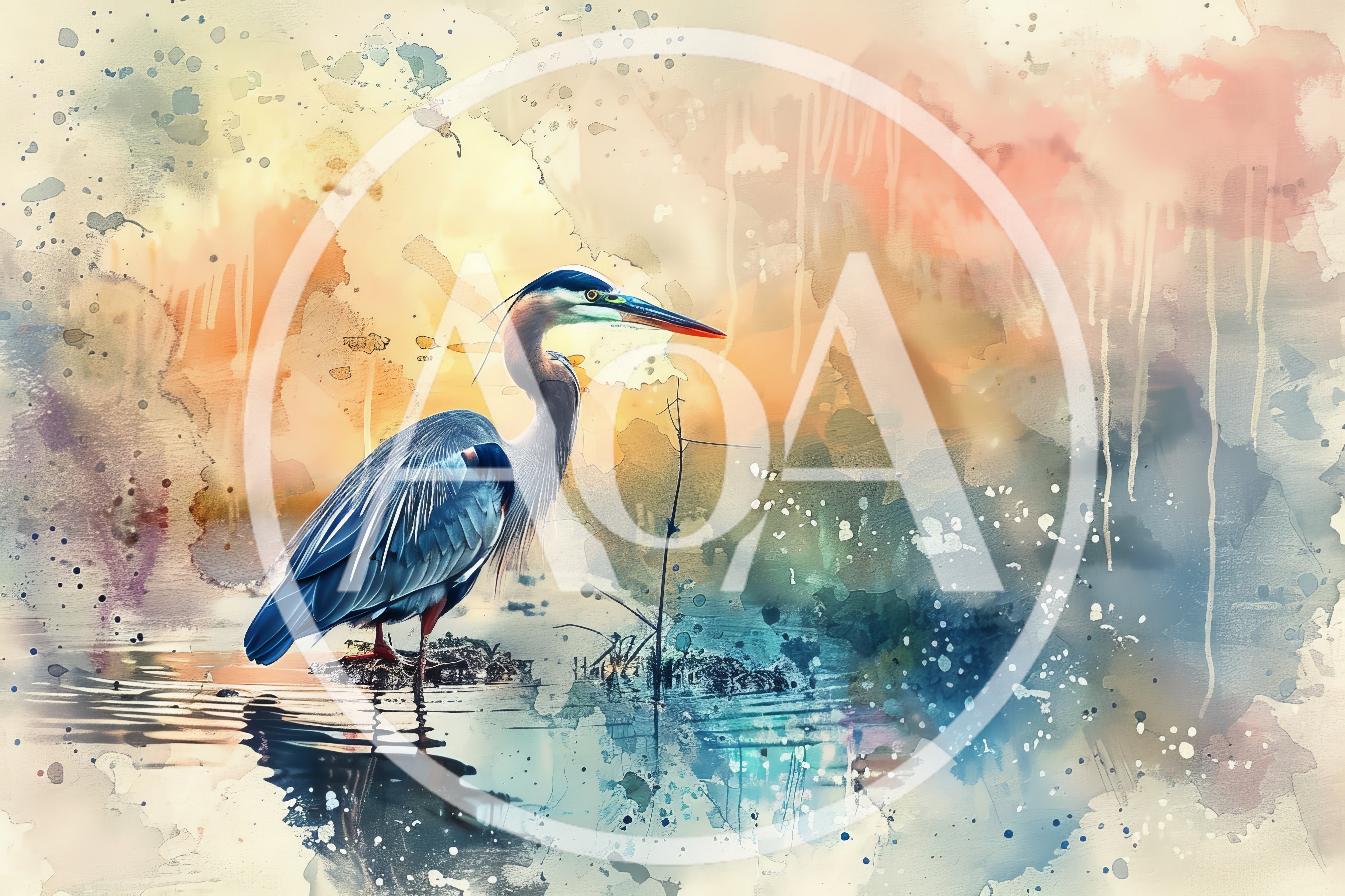Great Blue Heron Standing In Watercolor Wetland Scene