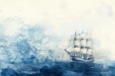 Watercolor Painting Of A Sailing Ship On Rough Seas
