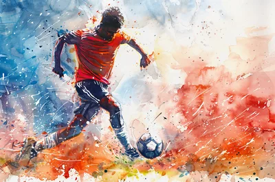 Watercolor Illustration Of A Soccer Player Dribbling