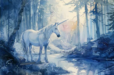 Watercolor Illustration Of A Majestic Unicorn In Forest