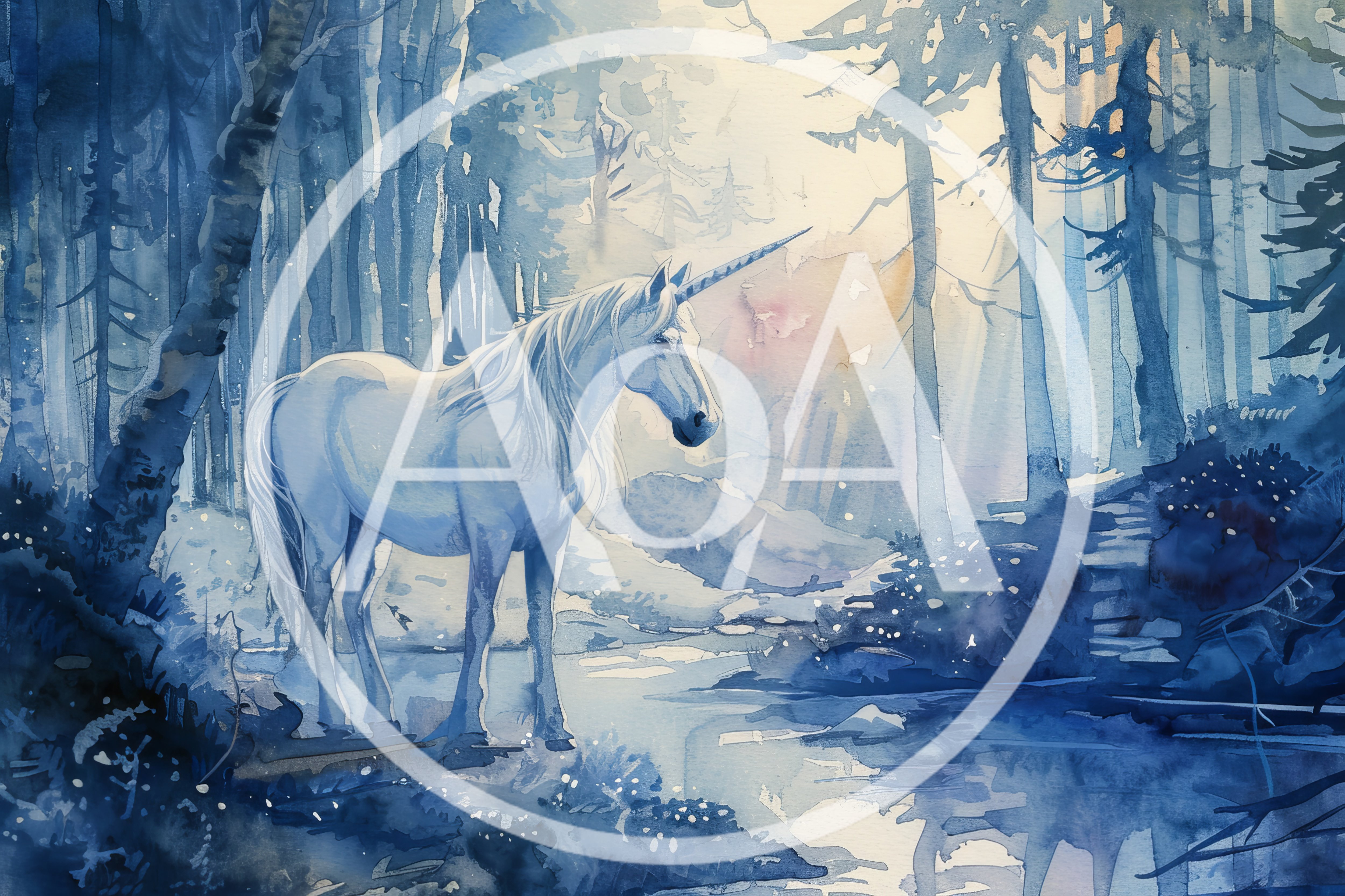 Watercolor Illustration Of A Majestic Unicorn In Forest