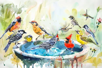 Watercolor Illustration Of Various Birds At A Birdbath