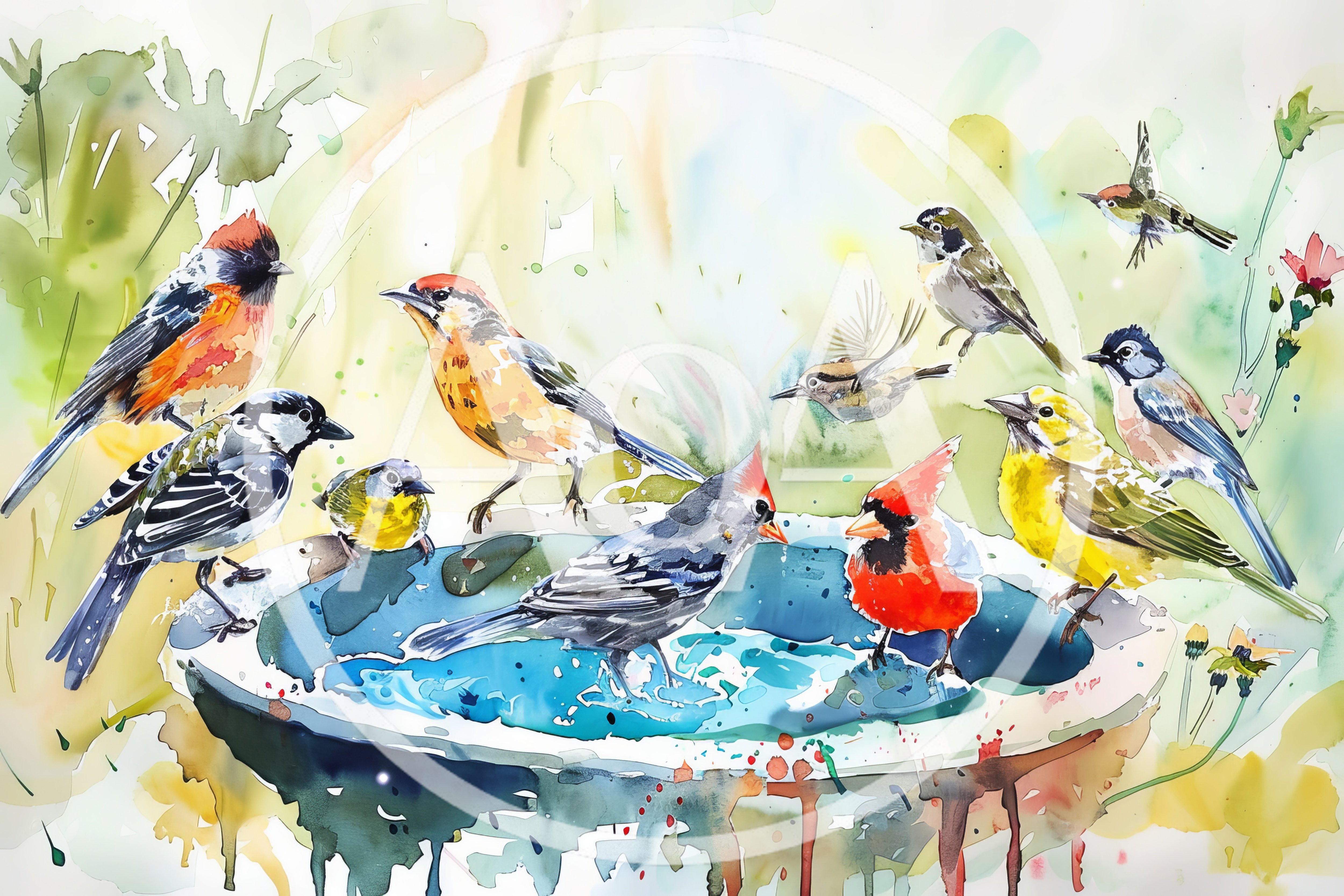 Watercolor Illustration Of Various Birds At A Birdbath