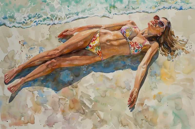 Woman Sunbathing On A Sandy Beach Watercolor Painting