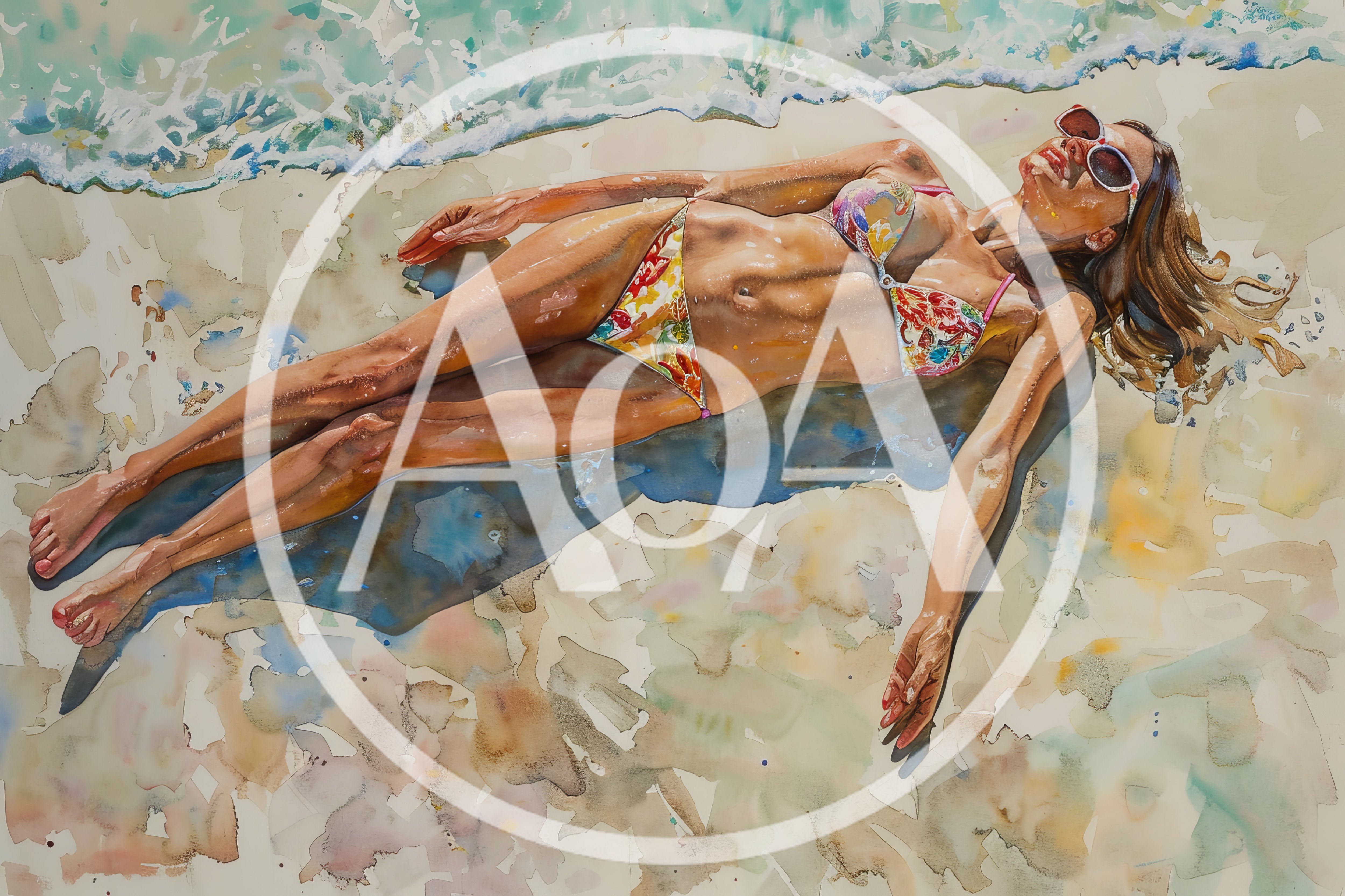 Woman Sunbathing On A Sandy Beach Watercolor Painting