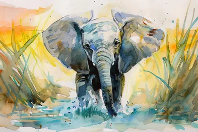 Watercolor Painting Of A Young Elephant In Tall Grass