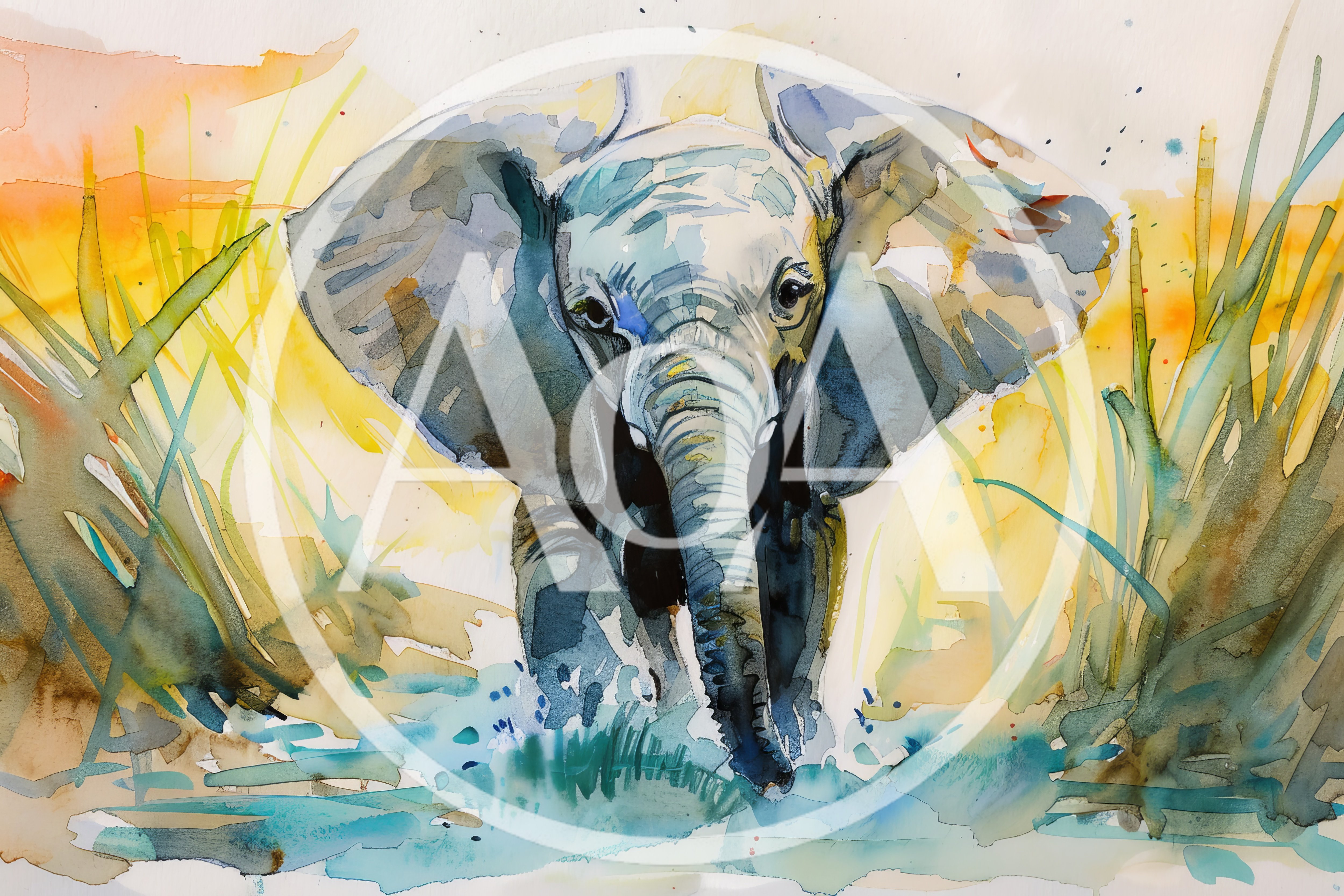 Watercolor Painting Of A Young Elephant In Tall Grass