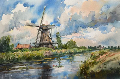 Watercolor Painting Of A Traditional Dutch Windmill