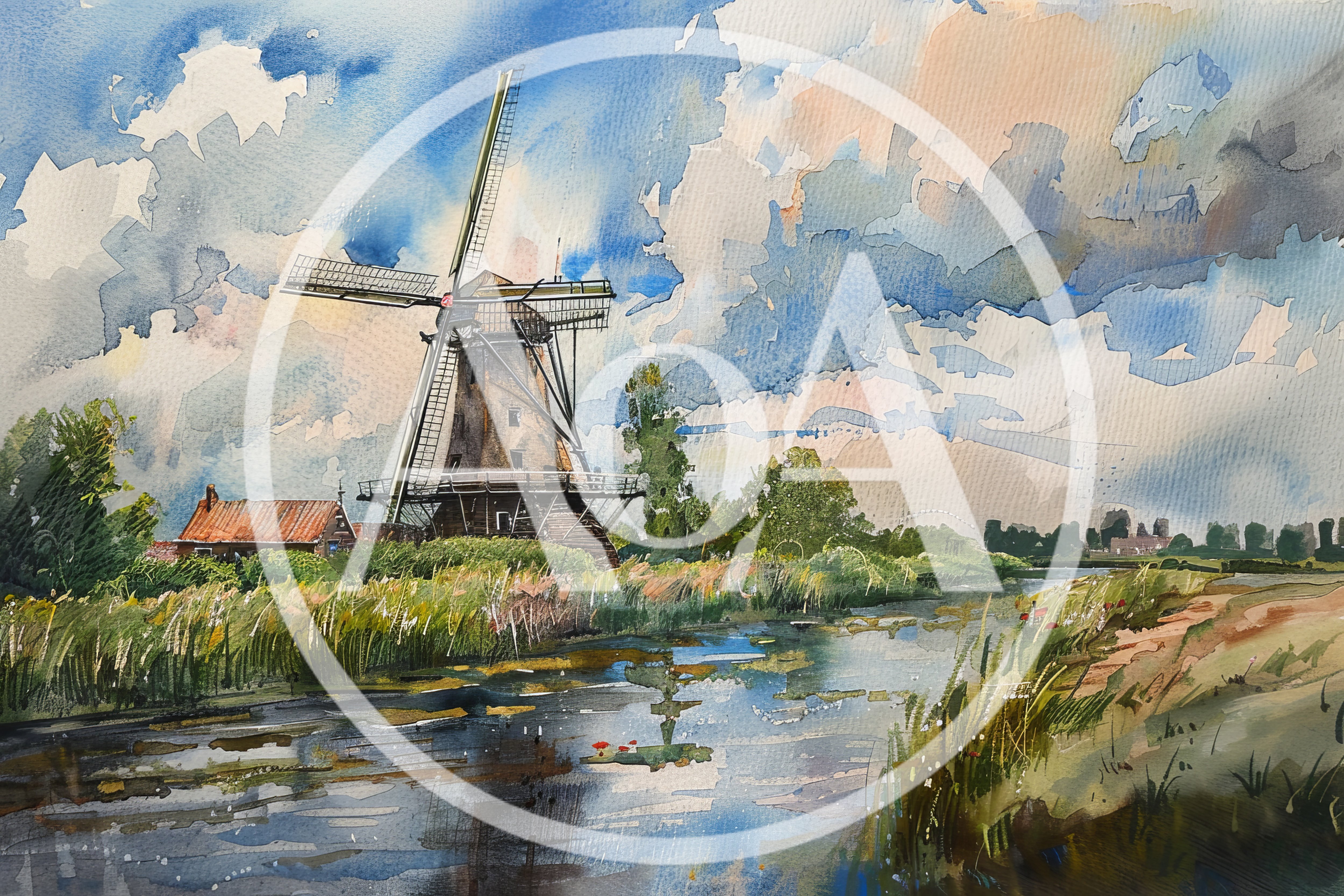 Watercolor Painting Of A Traditional Dutch Windmill