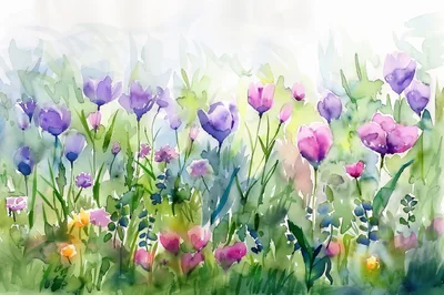 Watercolor Painting of Vibrant Wildflowers in a Meadow