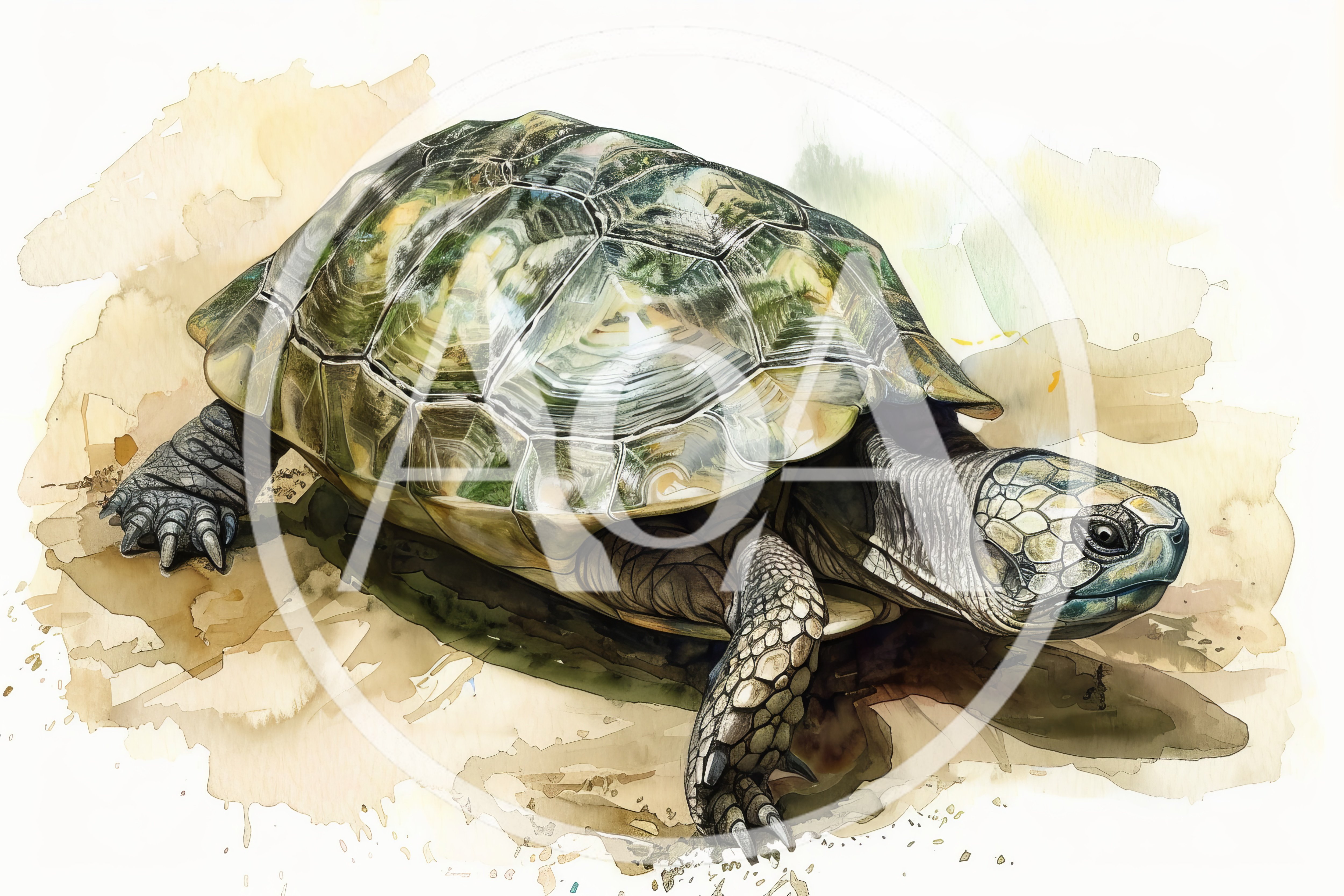 Watercolor Illustration Of A Detailed Tortoise