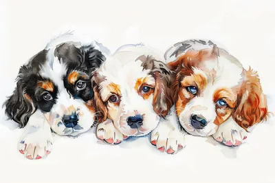 Three Adorable Watercolor Puppies Lying Side By Side