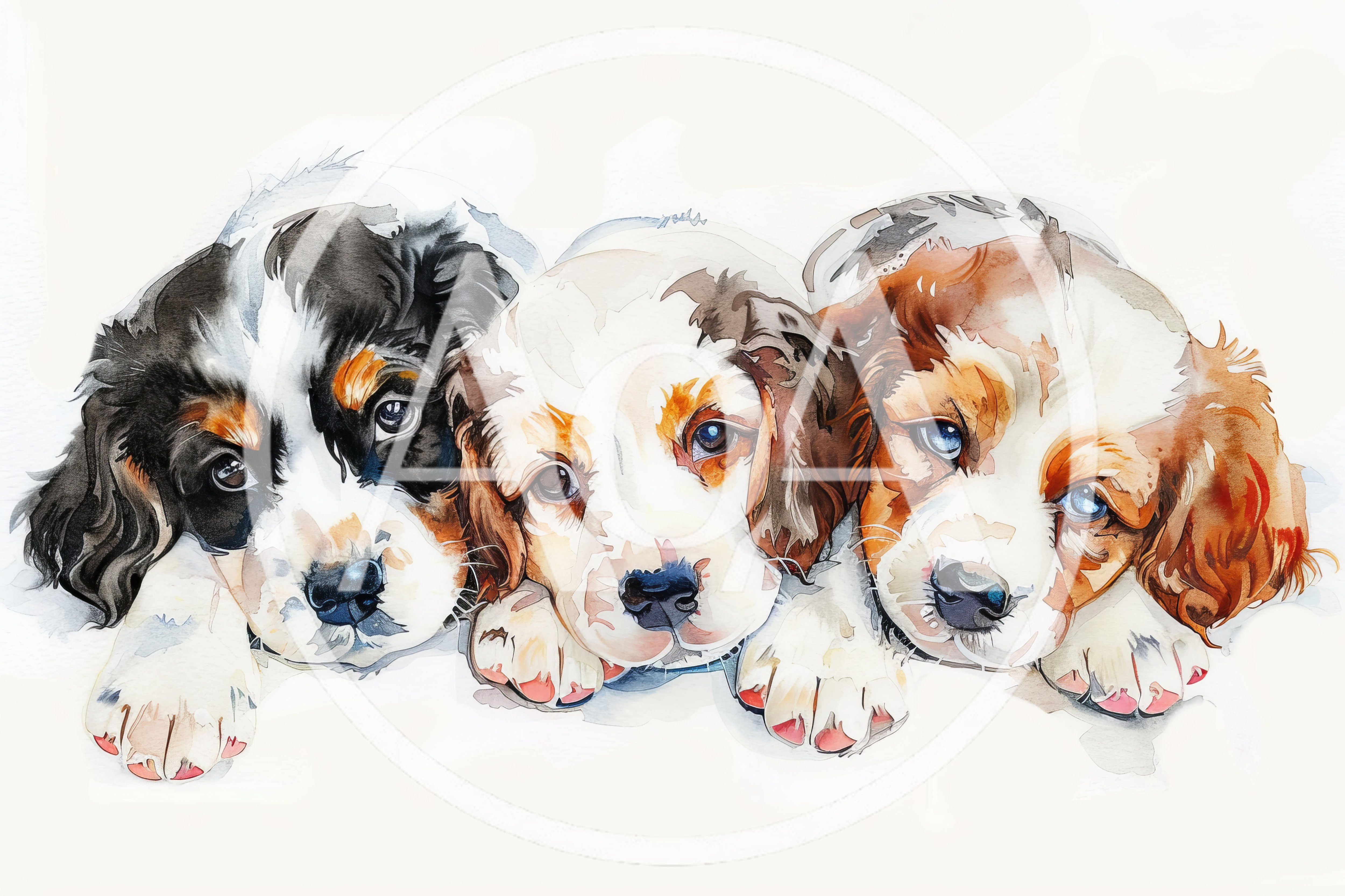 Three Adorable Watercolor Puppies Lying Side By Side