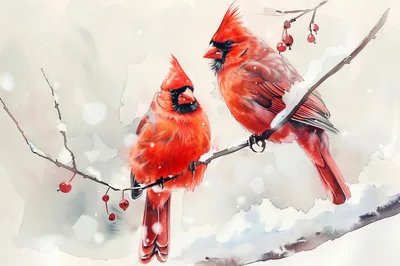 Two Northern Cardinals Perched On Snowy Winter Branches