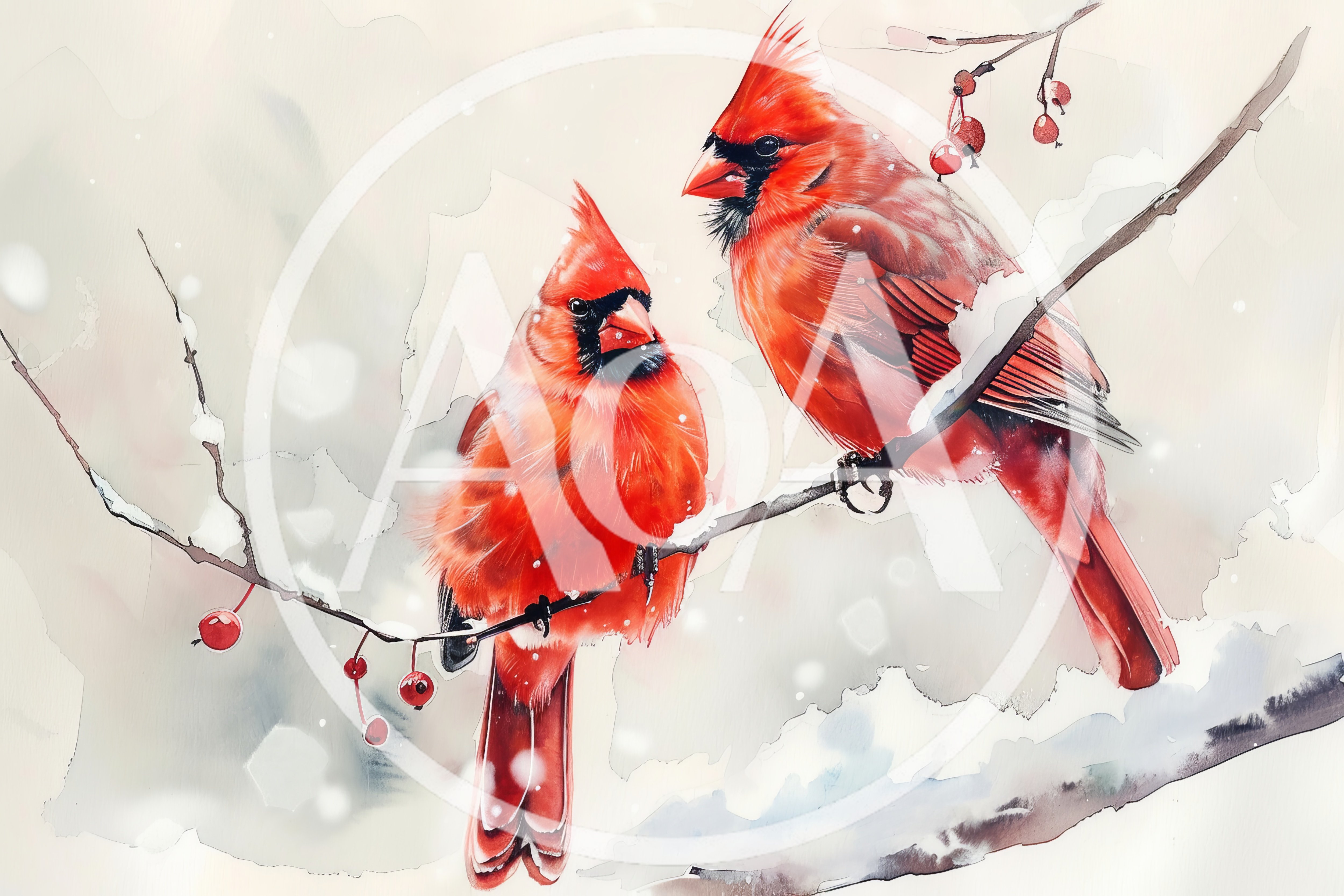 Two Northern Cardinals Perched On Snowy Winter Branches