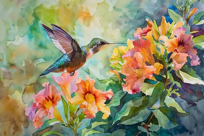 Watercolor Painting Of A Hummingbird Feeding On Flowers