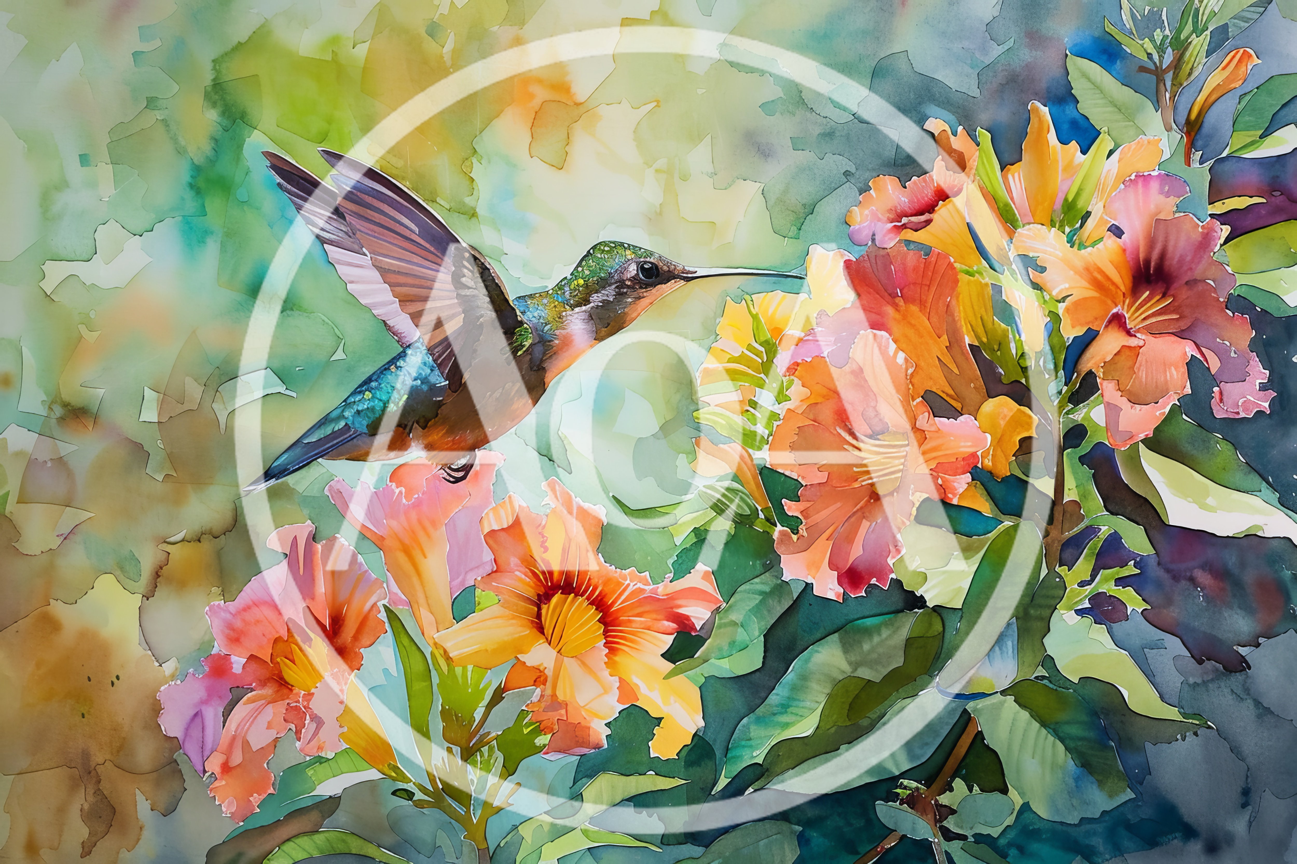 Watercolor Painting Of A Hummingbird Feeding On Flowers