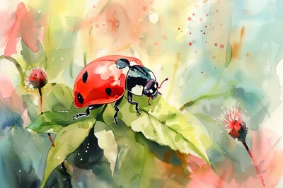 Watercolor Illustration Of A Ladybug On A Leaf