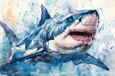 Watercolor Painting Of A Great White Shark