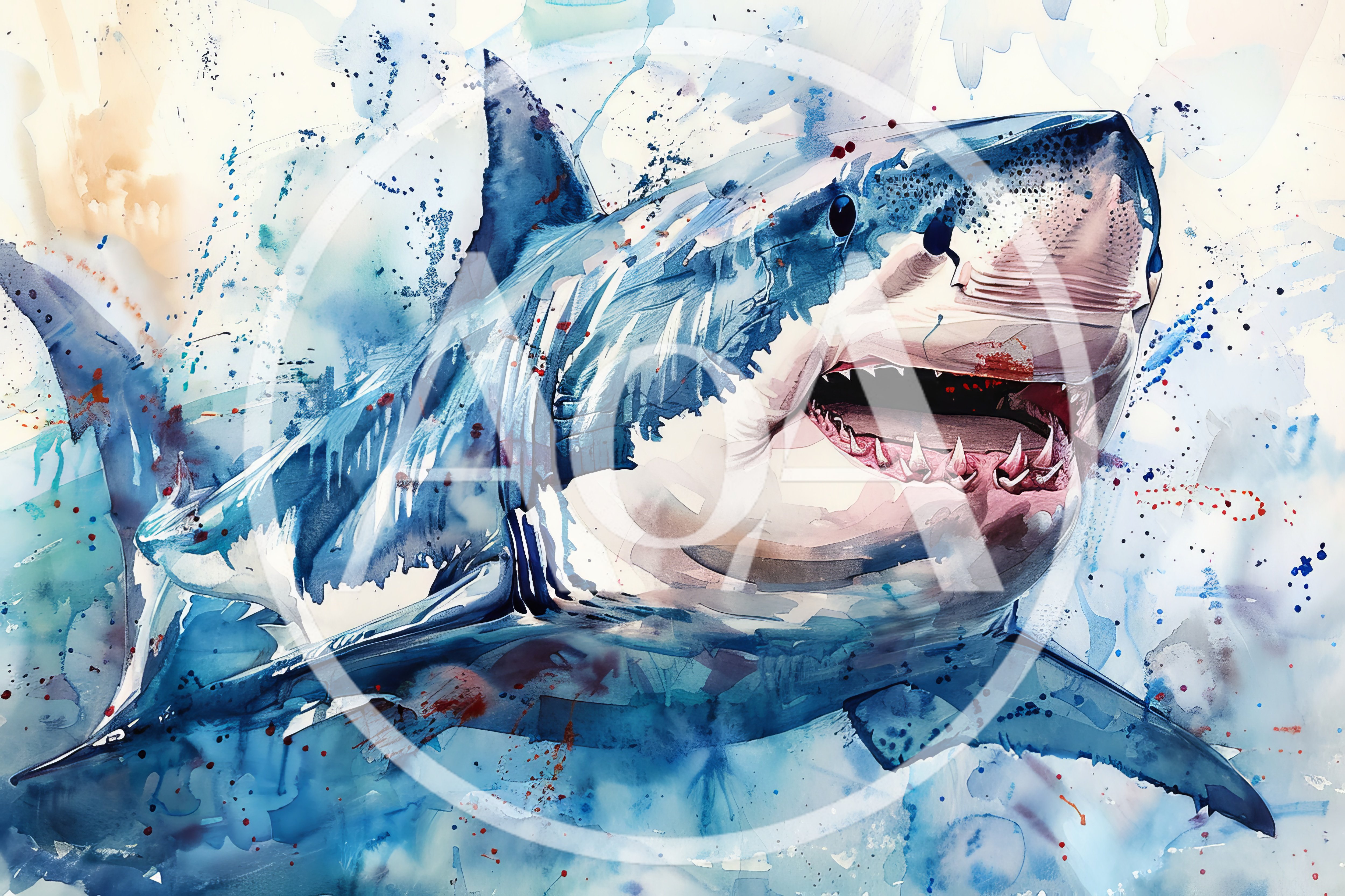 Watercolor Painting Of A Great White Shark