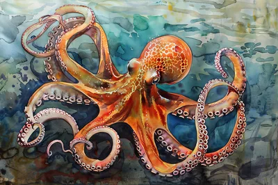 Watercolor Painting Of A Vibrant Orange Octopus