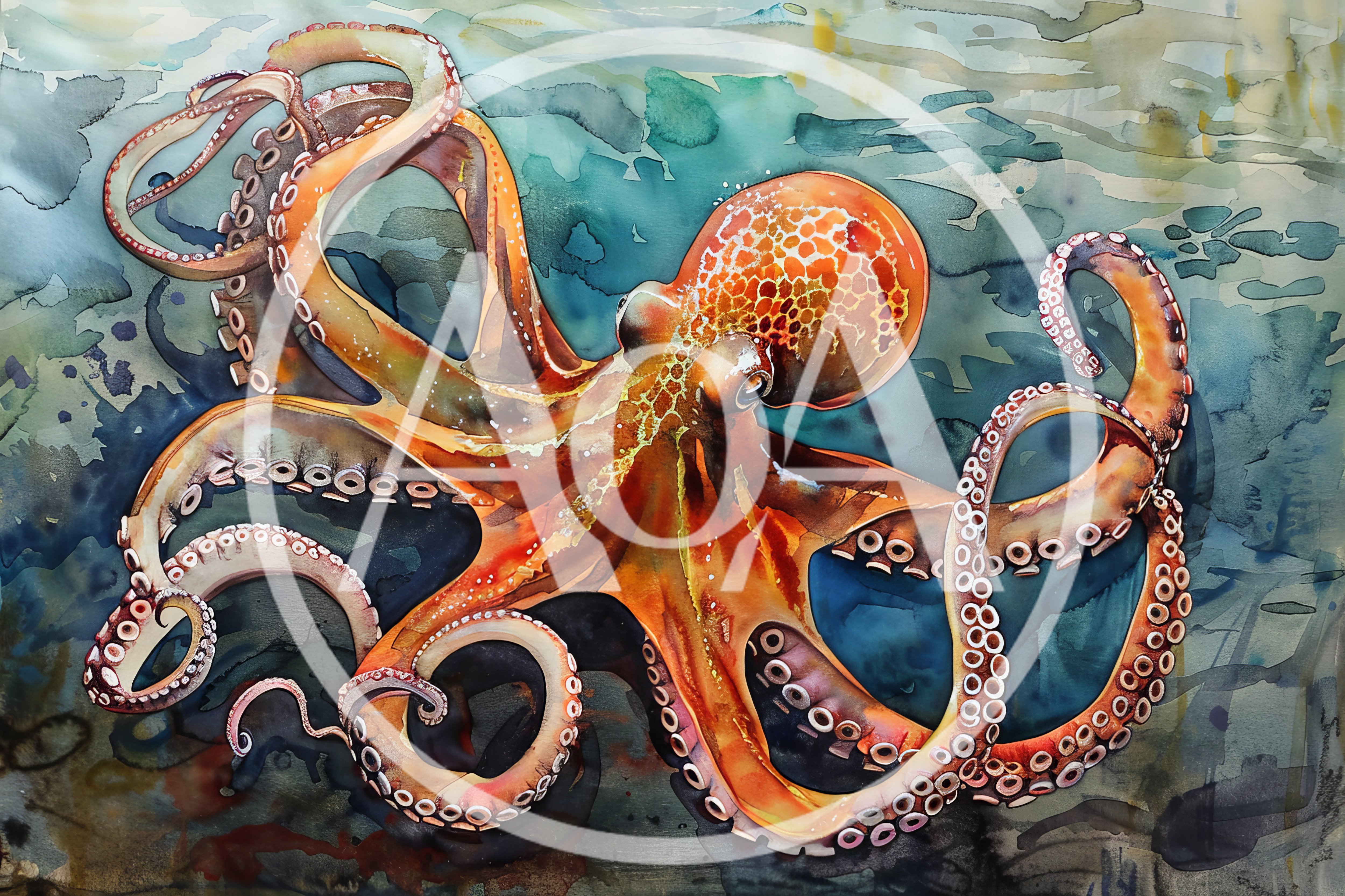 Watercolor Painting Of A Vibrant Orange Octopus