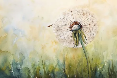 Watercolor Painting Of A Single Dandelion Seed Head