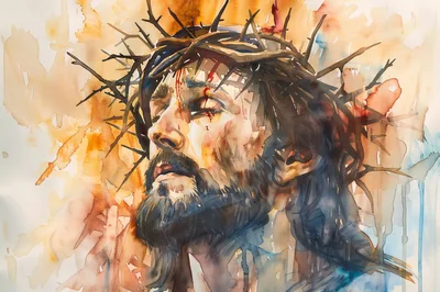 Watercolor Portrait of Jesus Wearing Crown of Thorns