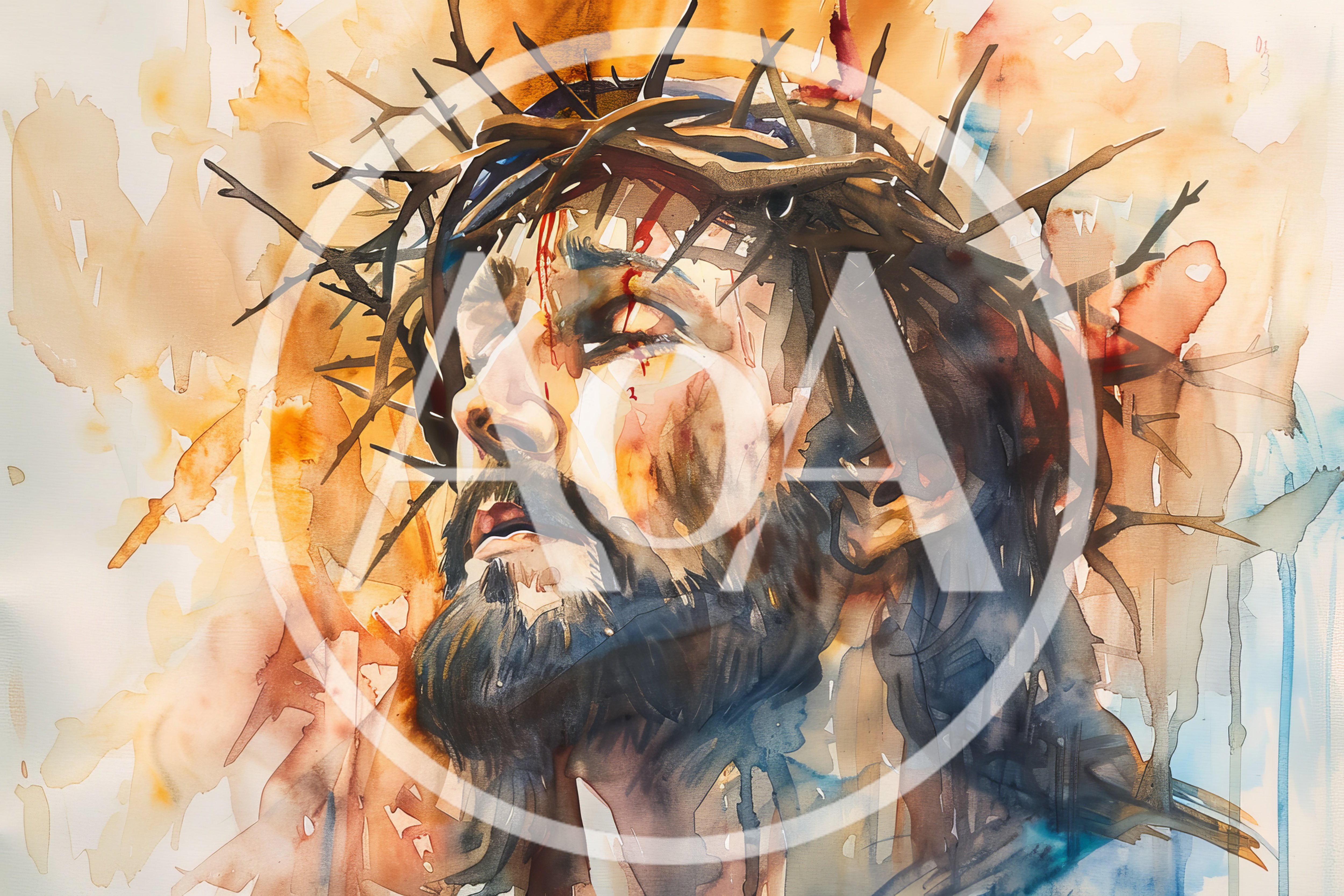 Watercolor Portrait of Jesus Wearing Crown of Thorns