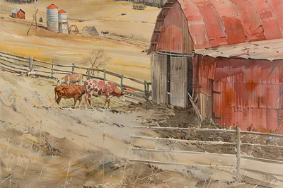 Watercolor Painting Of Cows Grazing Near A Red Barn