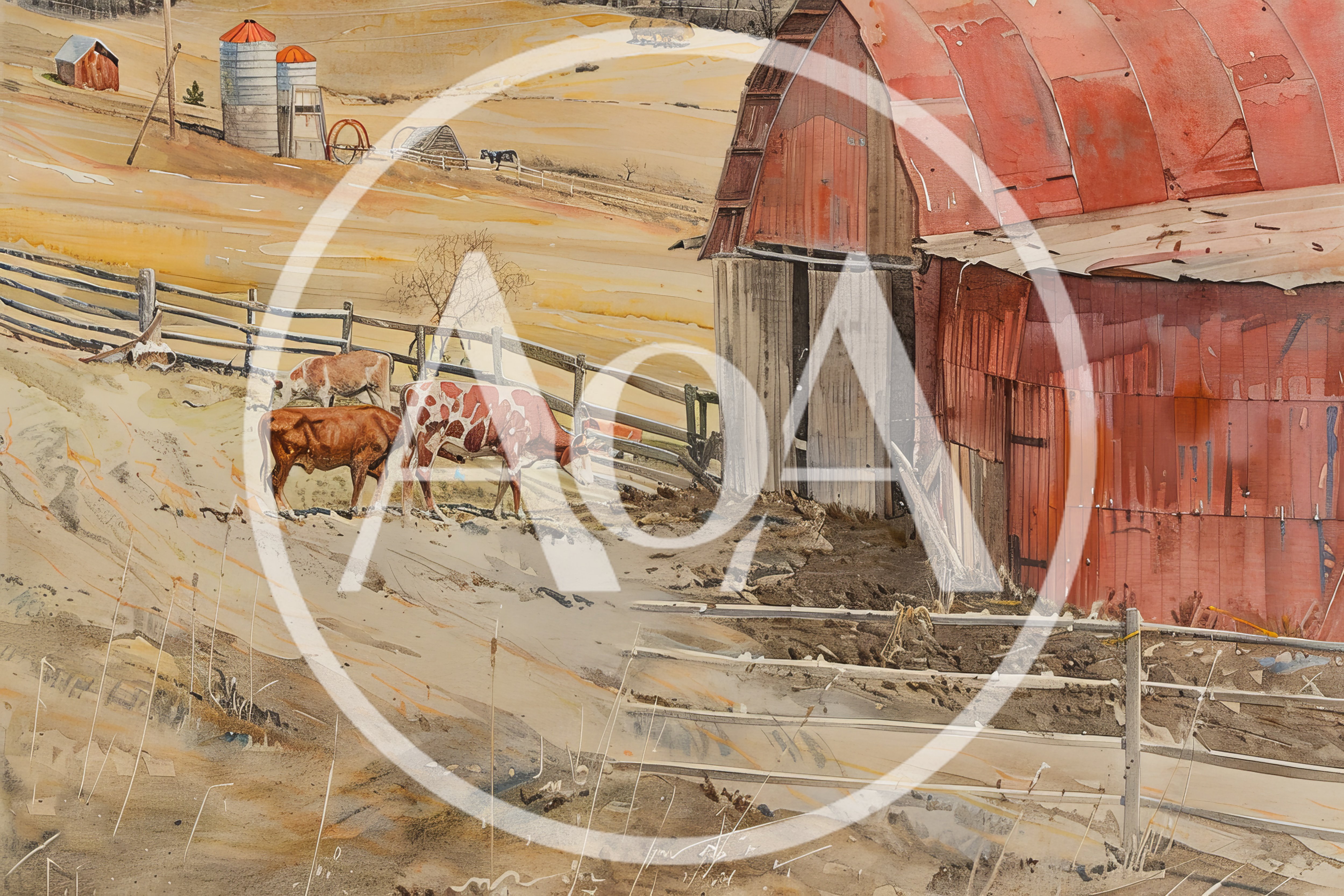 Watercolor Painting Of Cows Grazing Near A Red Barn
