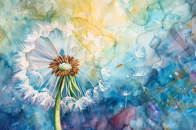 Watercolor Painting Of A Dandelion With Floating Seeds
