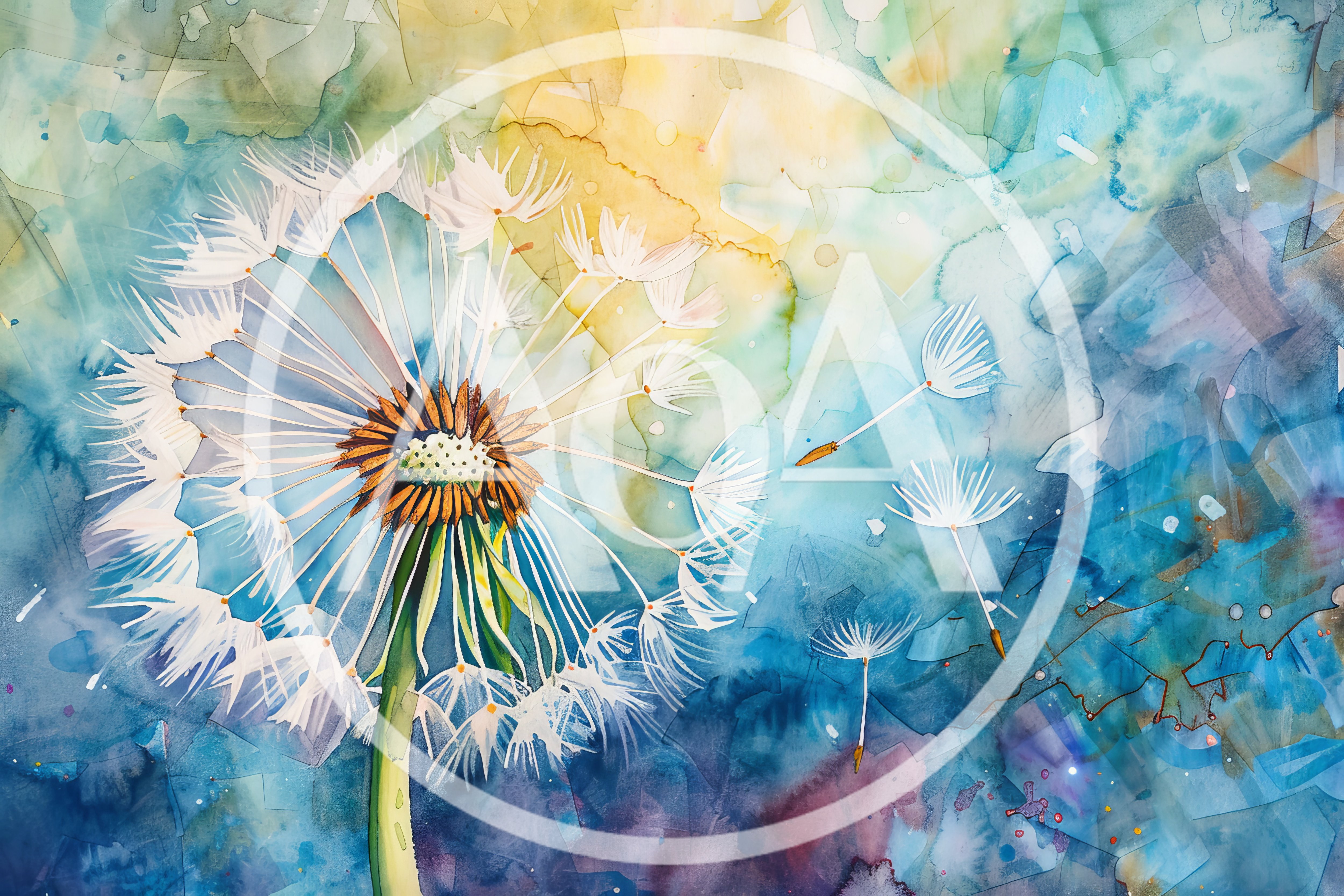 Watercolor Painting Of A Dandelion With Floating Seeds
