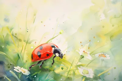 Watercolor Illustration of a Ladybug on Green Grass
