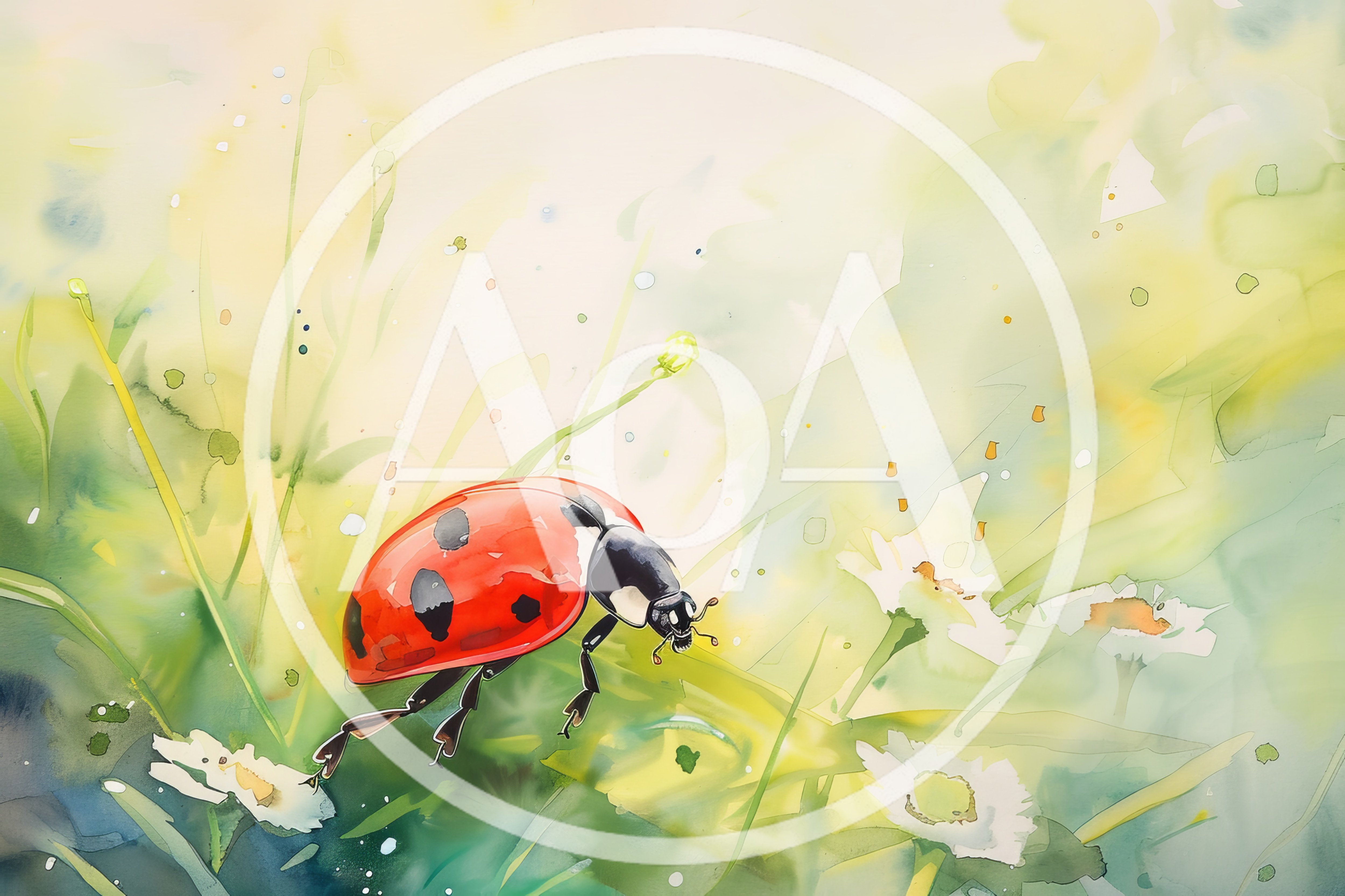 Watercolor Illustration of a Ladybug on Green Grass