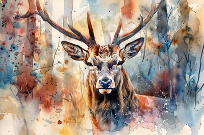Watercolor Portrait Of A Majestic Stag