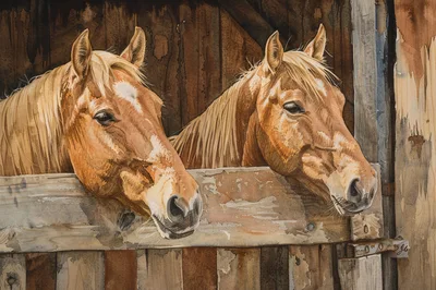 Two Palomino Horses Looking Over A Wooden Stable Door