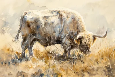 Watercolor Painting Of A Highland Cow Grazing