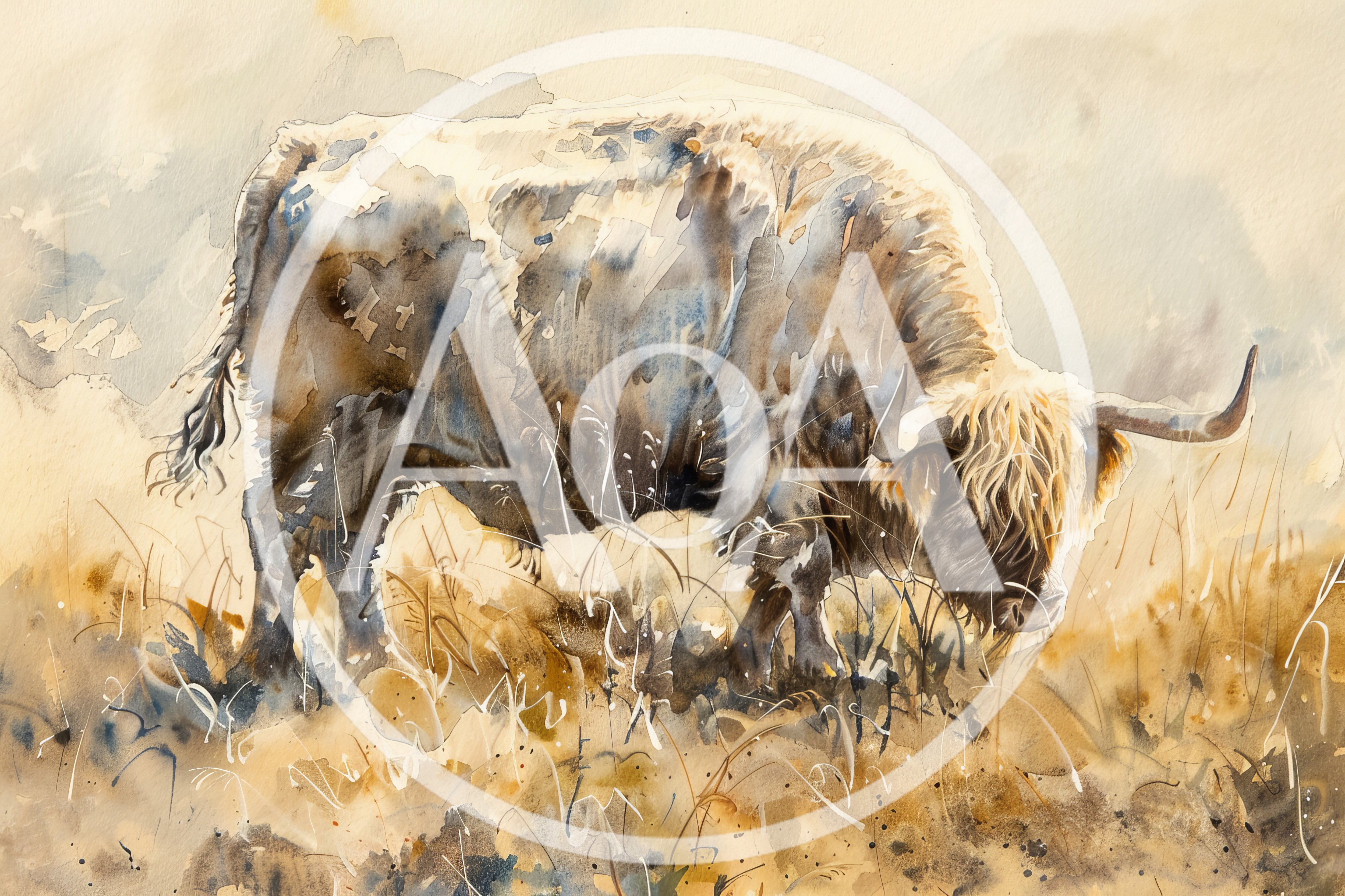 Watercolor Painting Of A Highland Cow Grazing