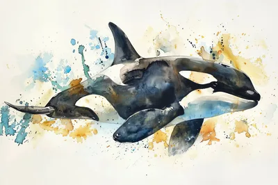 Watercolor Illustration Of A Swimming Orca Whale
