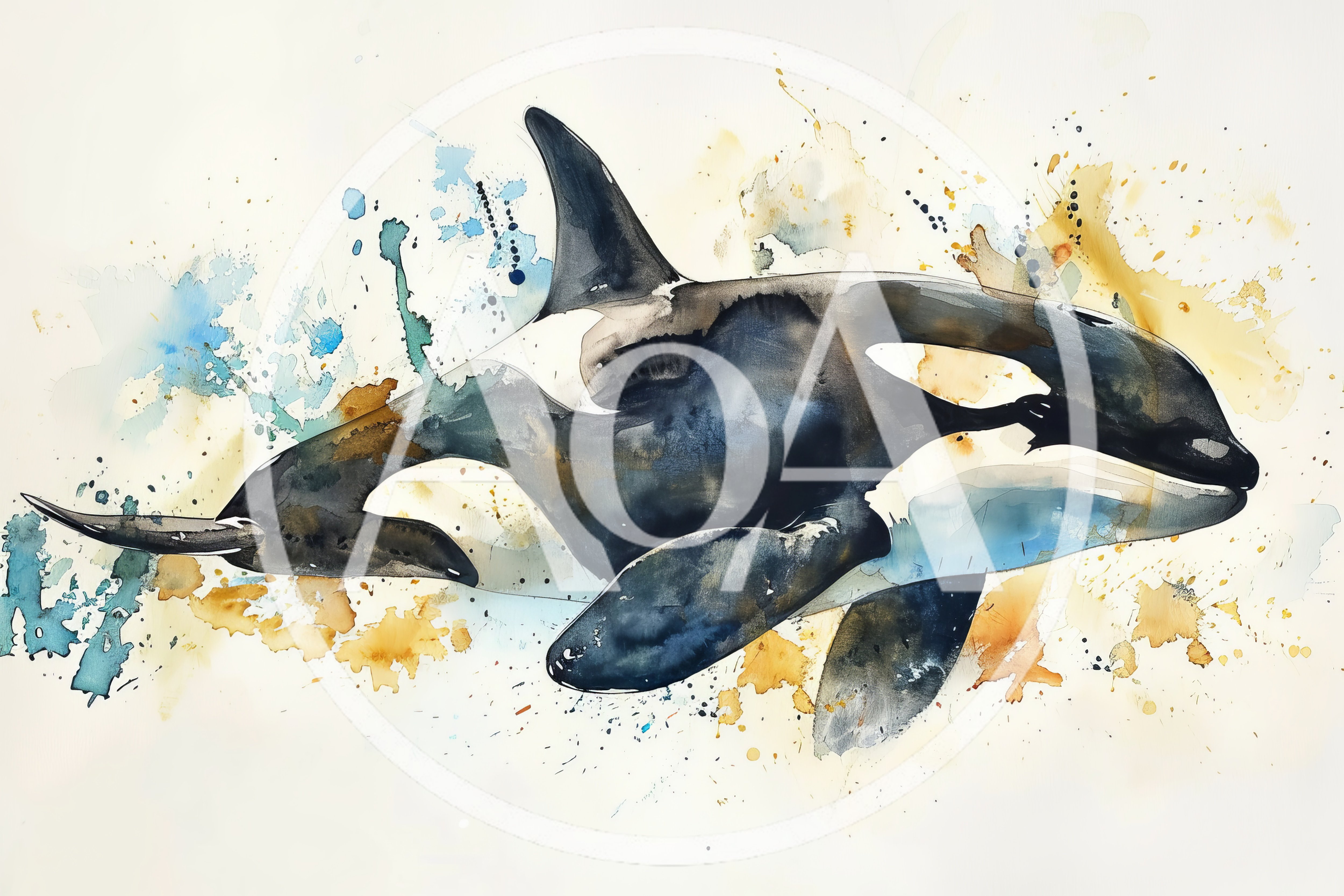 Watercolor Illustration Of A Swimming Orca Whale