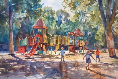 Watercolor Painting Of Children Playing On Playground Equipment